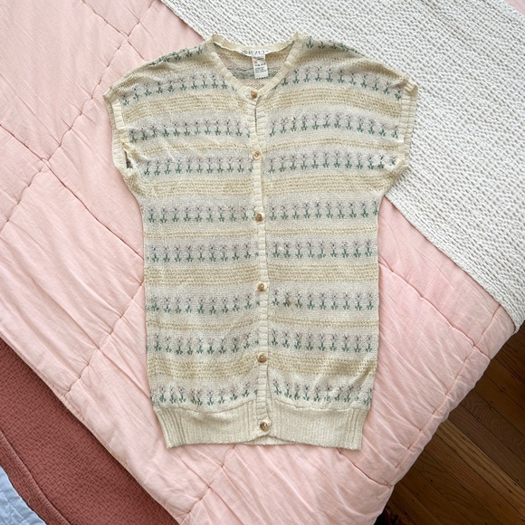 Vintage Tops - Adorable French Vintage Pointelle Floral Knit Cardigan Sweater Small Womens